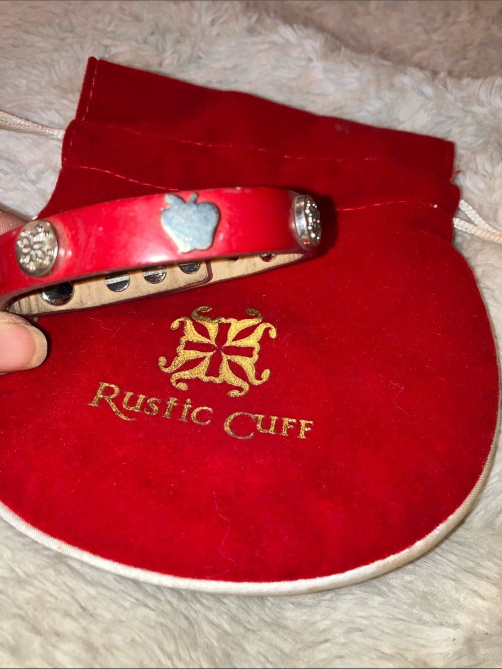 Rustic Cuff Red Enamel Cuff with Silver Accents and Apple Motif